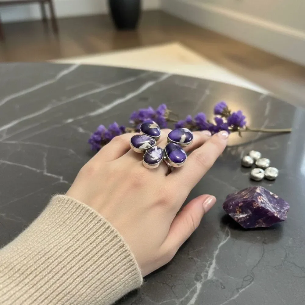 Southwestern Purple Copper Dahlia Turquoise Boho Statement Ring Sterling Silver